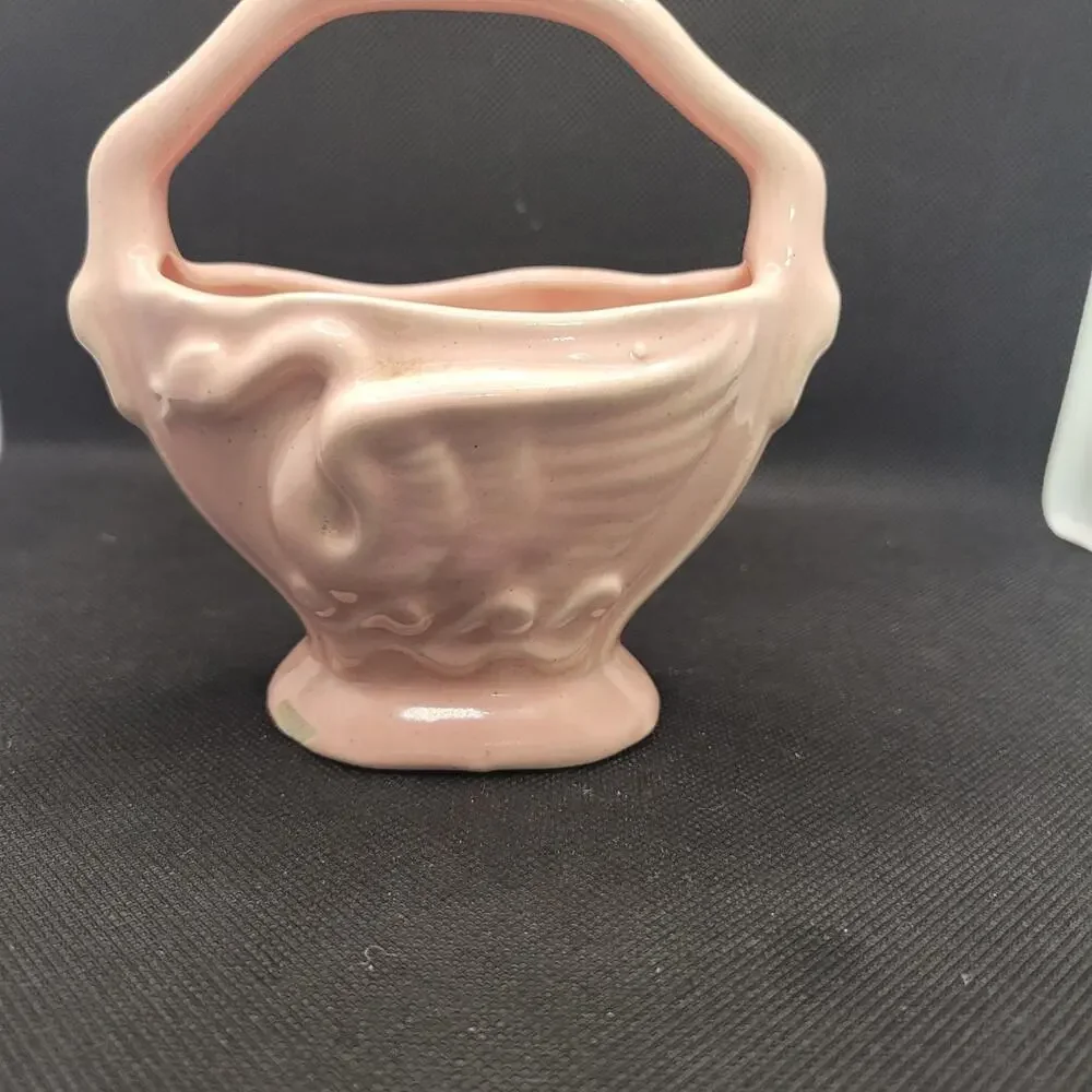 Vintage Pink Ceramic Basket Planter Vase USA